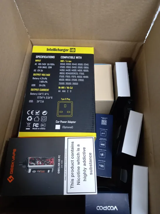 BOX OF APPROXIMATELY 10 ASSORTED E-CIG PRODUCTS TO INCLUDE ASPIRE, VOOPOO, VAPORESSO ETC