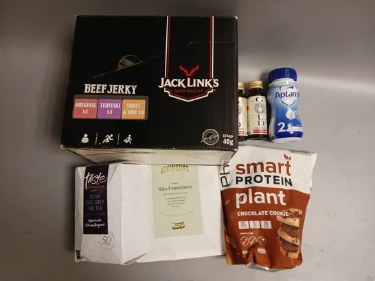 BOX OF APPROX 12 ASSORTED FOOD ITEMS TO INCLUDE - PHD PLANT PROTEIN POWDER - JACK LINK'S BEEF JERKY MEAT SNACKS - ATKINSON'S COFFEE BEANS ETC