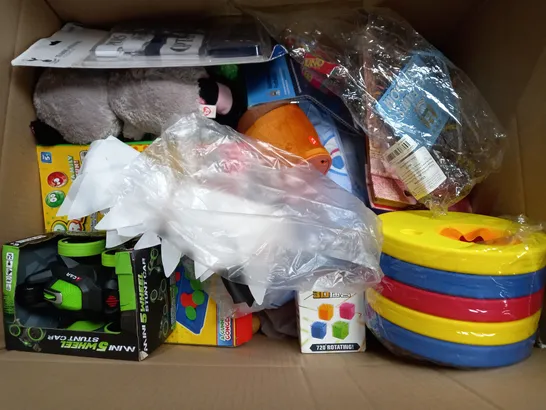 BOX OF APPROX 25 ASSORTED TOYS TO INCLUDE - 4 TO SCORE - CRAYOLA SUPER TIP 24 - TY ROCCO ECT 