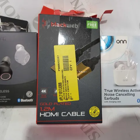 LOT OF APPROXIMATELY 20 ASSORTED HOUSEHOLD ITEMS TO INCLUDE ASDA TECH TRUE WIRELESS EARBUDS, BLACKWEB GOLD PLATED HDMI CABLE, ONN TRUE WIRELESS ACTIVE NOISE CANCELLING EARBUDS, ETC