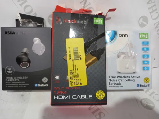 LOT OF APPROXIMATELY 20 ASSORTED HOUSEHOLD ITEMS TO INCLUDE ASDA TECH TRUE WIRELESS EARBUDS, BLACKWEB GOLD PLATED HDMI CABLE, ONN TRUE WIRELESS ACTIVE NOISE CANCELLING EARBUDS, ETC