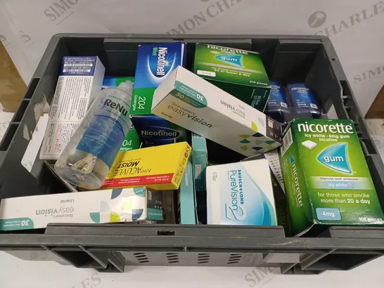 BOX TO CONTAIN APPROX. 20 X ASSORTED VISION CARE & SMOKING PREVENTION PRODUCTS. INCLUDES CONTACT LENSES & PACKS OF NICORETTE CHEWING GUM 