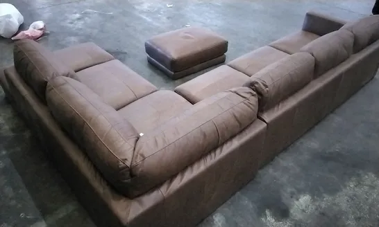 QUALITY ITALIAN DESIGNER RUSTIC BROWN LEATHER CORNER GROUP SOFA WITH FOOTSTOOL