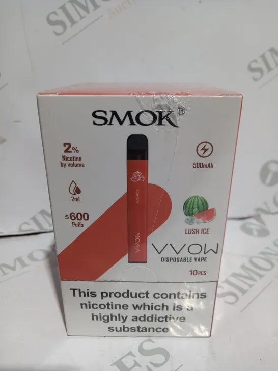 BOXED CELLOPHANE-WRAPPED PACK OF TEN SMOK VVOW DISPOSABLE VAPES- LUSH ICE