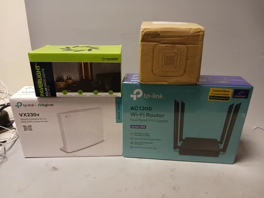 LARGE BOX OF ASSORTED HOUSEHOLD GOODS TO INCLUDE TP-LINK WIFI ROUTER, PAVERLIGHT, DUAL BAND MODEM ROUTER, AND PORTABLE MULTI-BAND TRANSCIEVER ETC. 