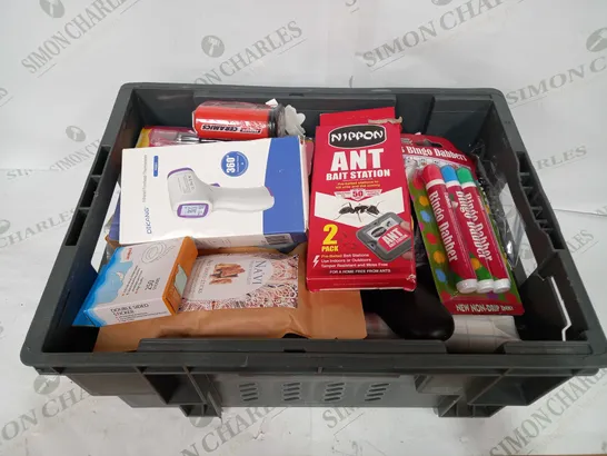 BOX TO CONTAIN APPROX 30 ASSORTED HOUSEHOLD PRODUCTS, INCLUDES INFRARED FOREHEAD THERMOMETER, REMOTE, BINGO MARKERS, TRAVEL WALLET ETC