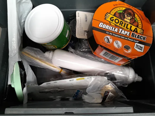 BOX OF ASSORTED HOUSE HOLD ITEMS TO INCLUDE GORILLA TAPE - GROUT PEN MAGNET CONNECT CLAMP