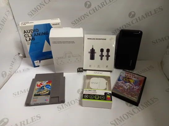 BOX OF APPROX 10 ASSORTED ITEMS INCLUDING MARBLE MADNESS NINTENDO GAME, MAGIX AUDIO CLEANING LAB AND WIRELESS MICROPHONE