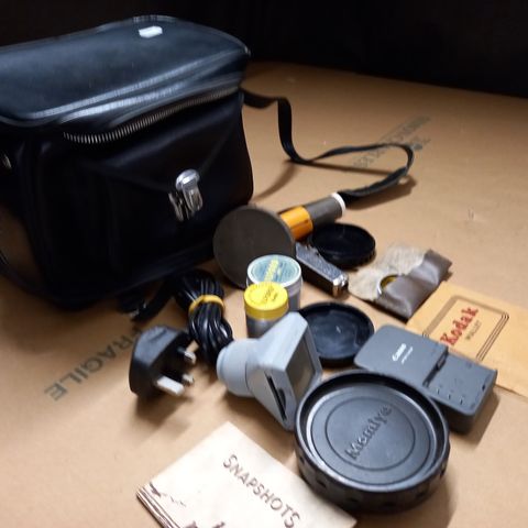 CAMERA CASE WITH VARIOUS VINTAGE PHOTOGRAPHY ACCESSORIES