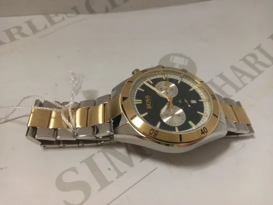 HUGO BOSS SANTIAGO GREEN MULTI DIAL STAINLESS STEEL WITH GOLD TONE LINK BRACELET WATCH RRP £329