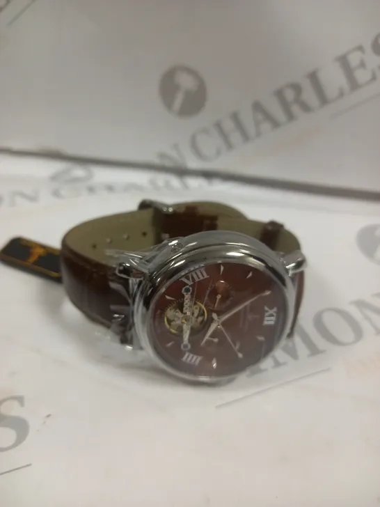 BOXED SAMUEL JOSEPH AUTOMATIC STEEL BROWN WATCH WITH LEATHER STRAP