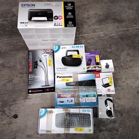 BOX OF ASSORTED ELECTRONIC ITEMS TO INCLUDE EPSON ET-2710 PRINTER, MEDIA STATION, ONE FOR ALL AERIAL, GOOGLE CHROME CAST, PANASONIC DVD/CD PLAYER, ROKU PREMIERE, ETC