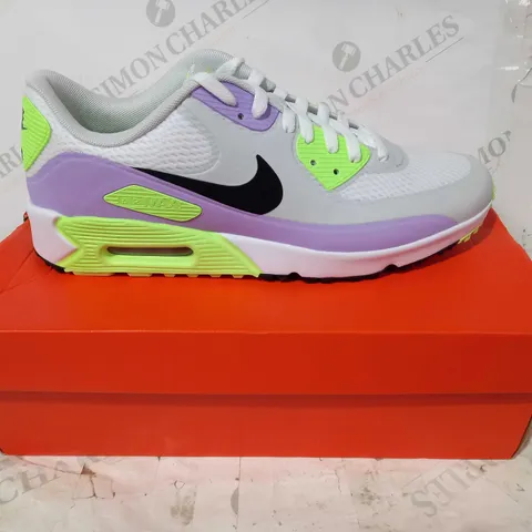 BOXED PAIR OF NIKE AIR MAX 90 G TRAINERS IN GREY/LILAC/LIME UK SIZE 9