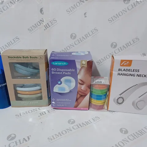 BOX OF APPROXIMATELY 12 ASSORTED ITEMS TO INCLUDE - BLADELESS HANGING NECKFAN - LANSINOH 60 DISPOSABLE BREAST PADS - STACKABLE BATH BOATS ECT