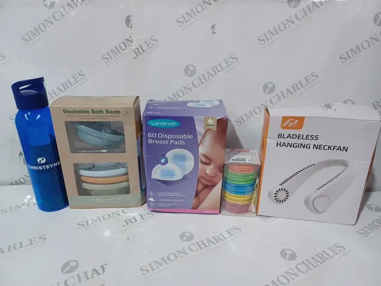 BOX OF APPROXIMATELY 12 ASSORTED ITEMS TO INCLUDE - BLADELESS HANGING NECKFAN - LANSINOH 60 DISPOSABLE BREAST PADS - STACKABLE BATH BOATS ECT