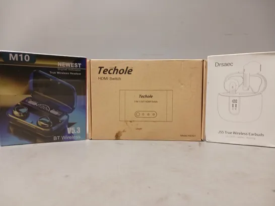 BOX OF APPROXIMATELY 10 ASSORTED HOUSEHOLD ITEMS TO INCLUDE DRSAEC J55 TRUE WIRELESS EARBUDS, M10 TRUE WIRELESS HEADSET, TECHOLE HDMI SWITCH, ETC