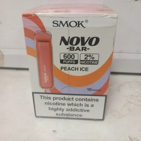 BOXED AND SEALED SMOK NOVO BAR PEACH ICE 600 PUFFS DISPOSABLE VAPE PACK OF 10