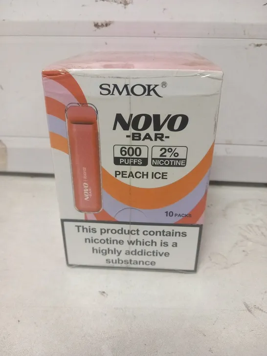 BOXED AND SEALED SMOK NOVO BAR PEACH ICE 600 PUFFS DISPOSABLE VAPE PACK OF 10