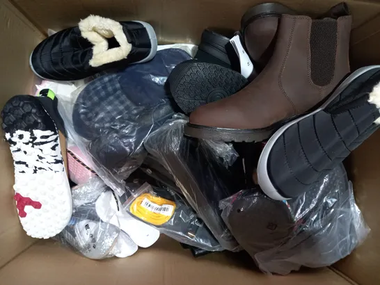 BOX OF APPROXIMATELY 15 ASSORTED PAIRS OF SHOES AND FOOTWEAR ITEMS IN VARIOUS STYLES AND SIZES TO INCLUDE FITFLOP, SKECHERS, ETC