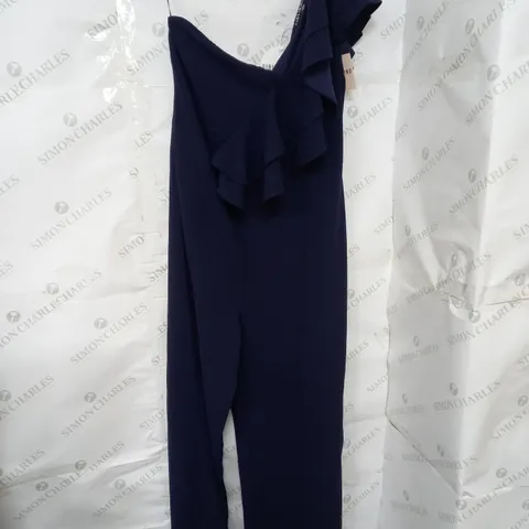 GIRL IN MIND ZOEY ONE SHOULDER EXAGGERATED RUFFLE JUMPSUIT IN NAVY SIZE 16