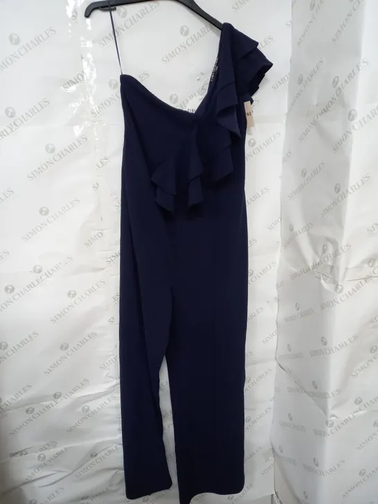 GIRL IN MIND ZOEY ONE SHOULDER EXAGGERATED RUFFLE JUMPSUIT IN NAVY SIZE 16