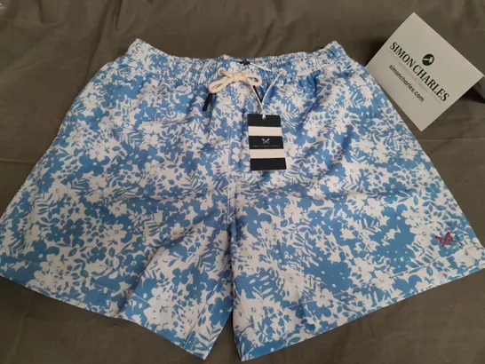 CREW CLOTHING TROPICAL PRINT SWIMSHORTS IN BLUE - M