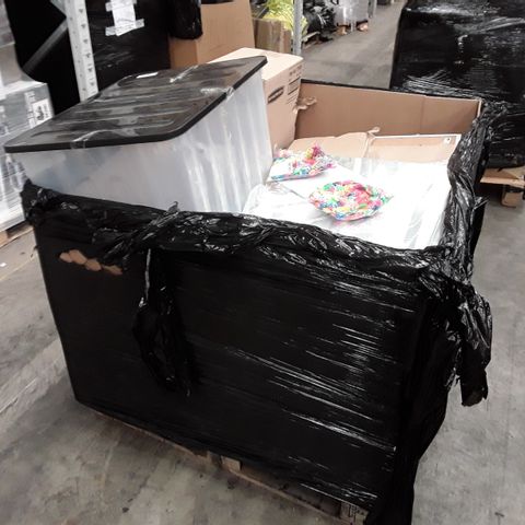 PALLET OF ASSORTED ITEMS INCLUDING STORAGE BOXES, LED BATHROOM MIRROR, PRESSURE WATER JET KIT AND WRITING BOARD