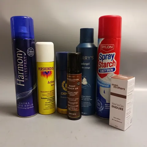 APPROXIMATELY 15 ASSORTED AEROSOLS TO INCLUDE DYLON STARCH SPRAY, HARMONY HAIRSPRAY, DENVER DEODERANT BODY SPRAY ETC COLLECTION ONLY