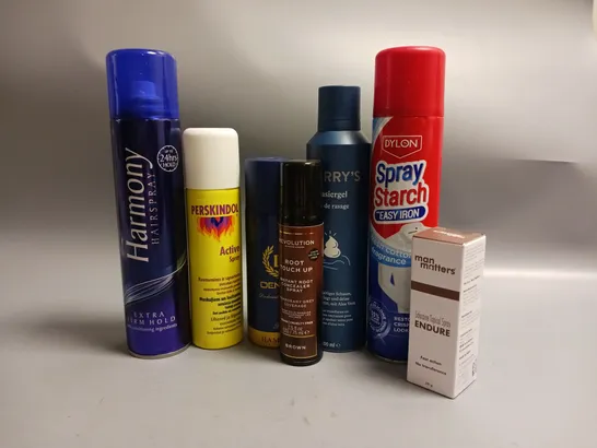 APPROXIMATELY 15 ASSORTED AEROSOLS TO INCLUDE DYLON STARCH SPRAY, HARMONY HAIRSPRAY, DENVER DEODERANT BODY SPRAY ETC COLLECTION ONLY