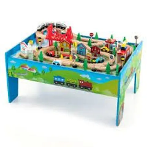 BOXED COSTWAY 80 PCS KIDS WOODEN TRAIN TRACK RAILWAY PLAYSET ACTIVITY TABLE W/ STORAGE DRAWER (1 BOX)