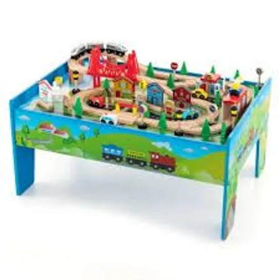 BOXED COSTWAY 80 PCS KIDS WOODEN TRAIN TRACK RAILWAY PLAYSET ACTIVITY TABLE W/ STORAGE DRAWER (1 BOX)