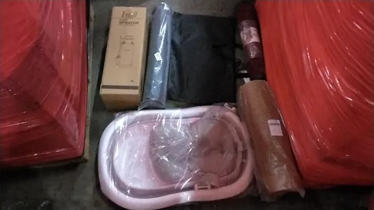 PALLET OF ASSORTED ITEMS INCLUDING ITISLI PUMP SPRAYER, LESI BAG LARGE PAPER BOWLS, ANTI SLIP YOGA MAT SET, INDOOR&OUTDOOR DOOR MATS, AEROBIC STEPPER, PRO HULA HOOP