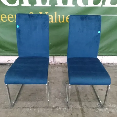 SET OF 2 NEW DESIGNER PERTH BLUE VELVET DINING CHAIRS (CHROME LEGS)