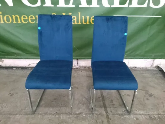 SET OF 2 NEW DESIGNER PERTH BLUE VELVET DINING CHAIRS (CHROME LEGS)