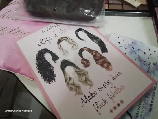 BOX OF APPROXIMATELY 9 LULLA BELLE HAIR PIECES & ASSORTED MAKE UP