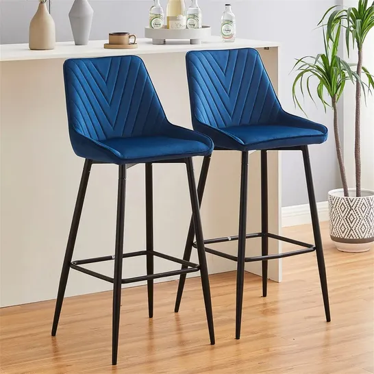 BOXED SET OF 2 DESIGNER GREEN VELVET UPHOLSTERED BAR STOOLS WITH BLACK METAL LEGS (1 BOX)