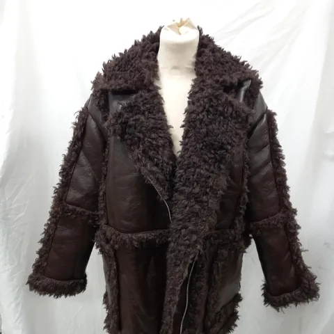 BROWN TOPSHOP COAT WITH FUR - UK SIZE 10