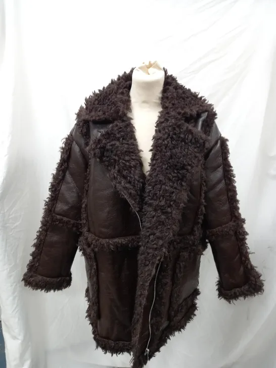 BROWN TOPSHOP COAT WITH FUR - UK SIZE 10