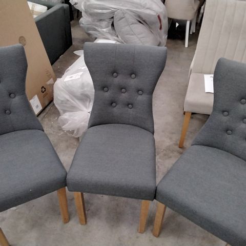 3 DESIGNER GREY FABRIC CHAIRS WITH BUTTONED BACK WITH WOODEN LEGS