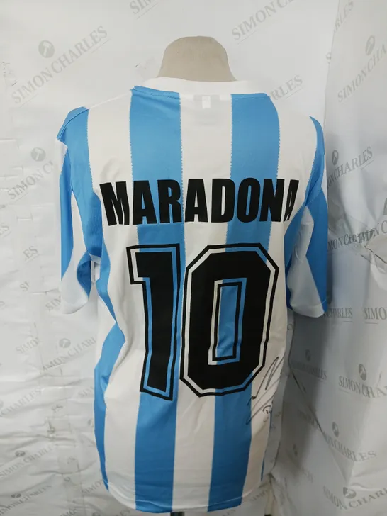 1986  ARGENTINA LE COQ SPORTIF HOME FOOTBALL JERSEY NUMBERED 10 SIGNED BY DIEGO ARMANDO MARADONA WITH CERTIFICATE OF AUTHENTICITY - COLLECTION ONLY 