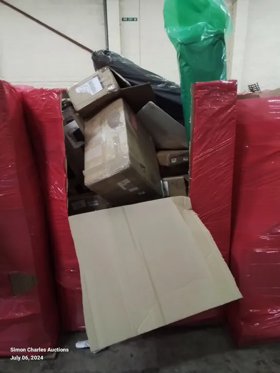 PALLET OF ASSORTED HOUSEHOLD ITEMS AND CONSUMER PRODUCTS TO INCLUDE; VARIOUS BOXED FURNITURE AND HOUSEHOLD ITEMS