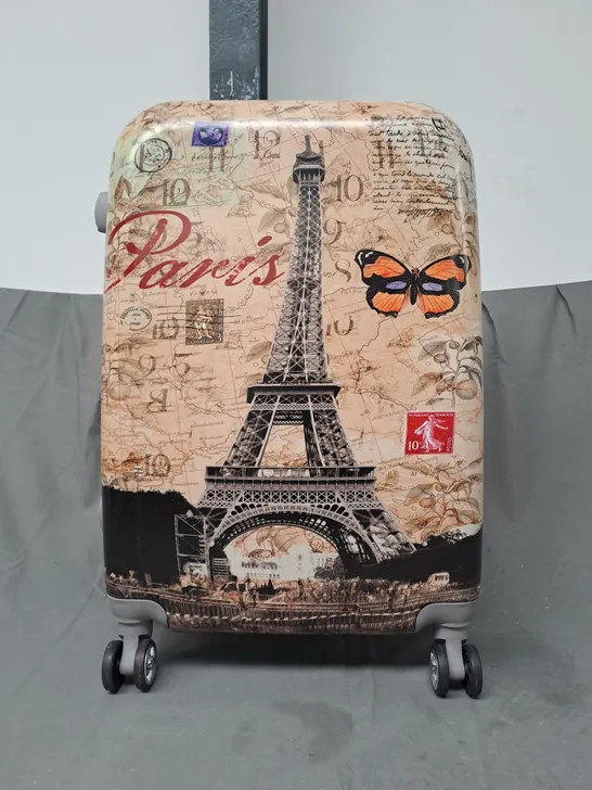 BOXED UNBRANDED WHEELED SUITCASE IN PARIS THEMED PRINT