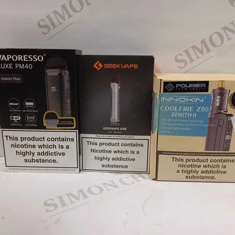 LOT OF APPROXIMATELY 28 ASSORTED E-CIGARETTES AND LIQUIDS TO INCLUDE INNOKIN COOLFIRE Z80 ZENITH II, GEEKVAPE ONE, VAPORESSO LUXE PM40, ETC