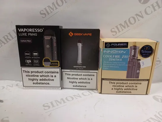 LOT OF APPROXIMATELY 28 ASSORTED E-CIGARETTES AND LIQUIDS TO INCLUDE INNOKIN COOLFIRE Z80 ZENITH II, GEEKVAPE ONE, VAPORESSO LUXE PM40, ETC