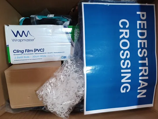 BOX OF APPROXIMATELY 20 ASSORTED HOUSEHOLD ITEMS TO INCLUDE WRAPMASTER CLING FILM (PVC), PEDESTRIAN CROSSING SIGN, ETC