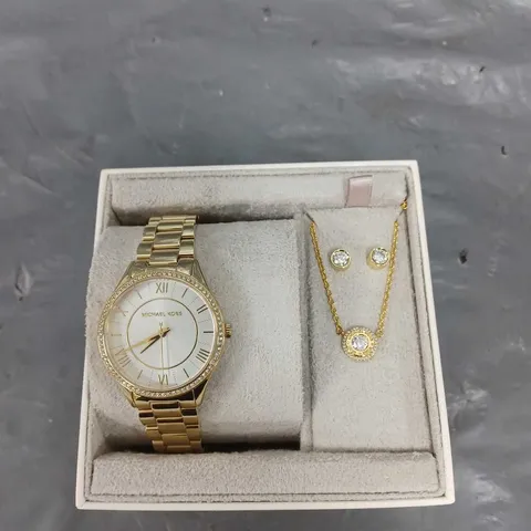 MICHAEL KORS LAURYN THREE-HAND GOLD-TONE STAINLESS STEEL WATCH, EARRINGS AND NECKLACE GIFT SET 