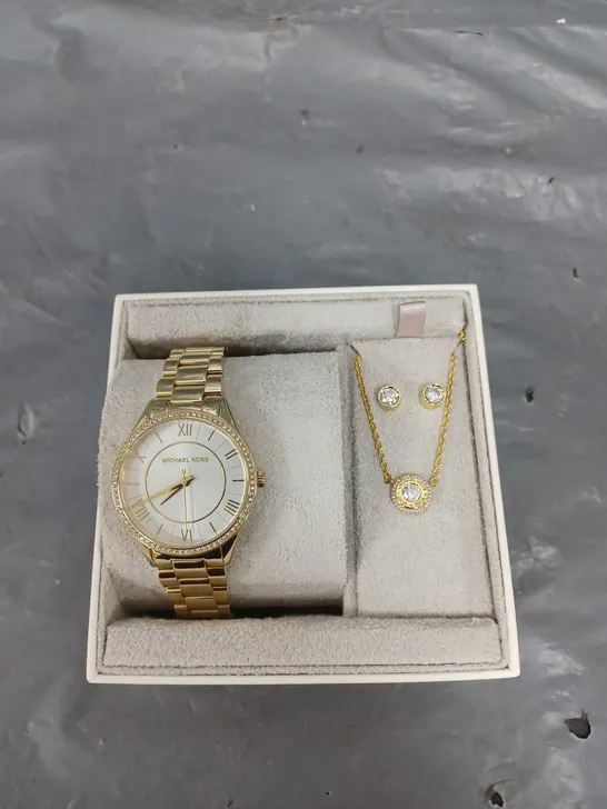 MICHAEL KORS LAURYN THREE-HAND GOLD-TONE STAINLESS STEEL WATCH, EARRINGS AND NECKLACE GIFT SET 