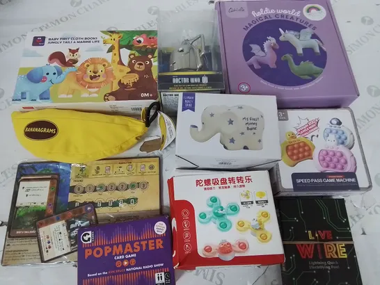 LOT OF 10 ASSORTED TOYS AND KIDS ACTIVITIES TO INCLUDE BANANAGRAMS AND MAGICAL CREATURES 