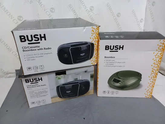 3 BOXED BUSH PRODUCTS TO INCLUDE 2 CD/CASSETTE BOOMBOX WITH RADIOS, 1 BOOMBOX