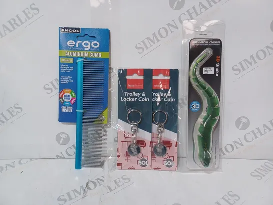 APPROXIMATELY 10 ASSORTED HOUSEHOLD ITEMS TO INCLUDE 3D SNAKE LURE, TROLLEY & LOCKER COIN, ERGO ALUMINIUM COMB, ETC